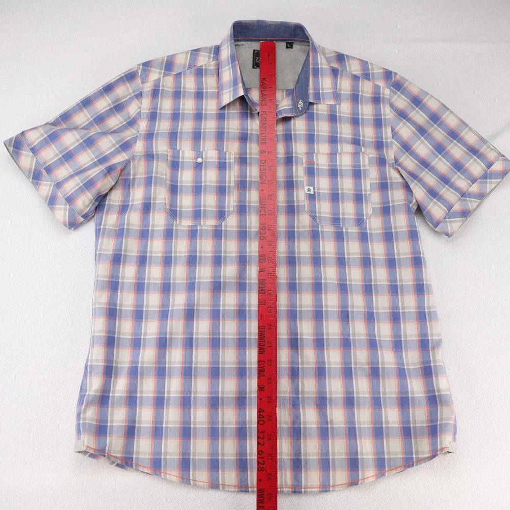 7 Diamonds Mens Large Blue Orange Plaid Pearl Snap Short‎ Sleeve Button Up Shirt